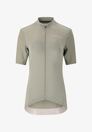 Kortärmad cykeltröja i ljusgrön tyg, med en dragkedja framtill, texturerade axelpaneler och en rundad nederkant.