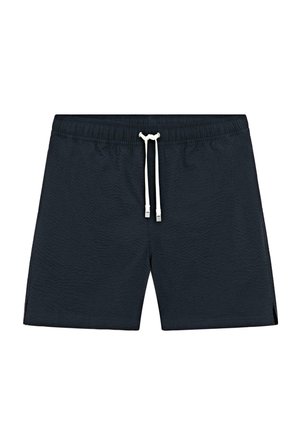 Costume da bagno blu navy con vita elasticizzata e coulisse bianca, tessuto strutturato e piccole aperture laterali sulle gambe.