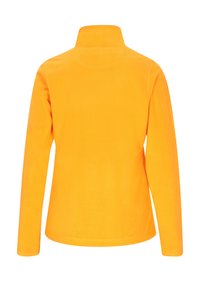 Langarm-Fleece-Oberteil in leuchtendem Orange. Verfügt über einen hohen Kragen und eine glatte Textur ohne sichtbare Verschlüsse oder Verzierungen.