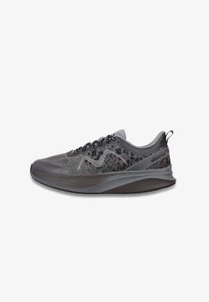 Athletic sneakers in gray mesh with a patterned finish, black laces, and a textured midsole featuring a prominent logo on the side.