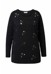 Zwart T-shirt met lange mouwen, voorzien van gesuikerde versieringen in verschillende vormen en maten, met een ronde halslijn en een zachte stoftextuur.
