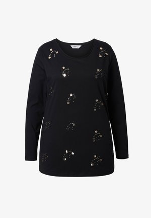 Maglietta nera a maniche lunghe con decorazioni di paillettes di forme e dimensioni variabili, scollo rotondo e tessuto morbido.