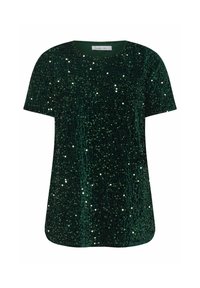 T-shirt verde con paillettes, con scollatura rotonda, maniche corte e orlo leggermente arrotondato. Il tessuto ha una finitura lucida e testurizzata.