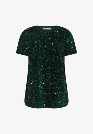 T-shirt verde con paillettes, con scollatura rotonda, maniche corte e orlo leggermente arrotondato. Il tessuto ha una finitura lucida e testurizzata.