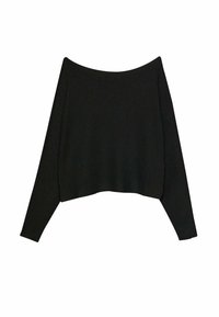 Pull en maille noire oversize avec un large col asymétrique tombant sur les épaules et des manches longues. Tissu côtelé texturé, longueur raccourcie.
