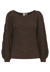 Brown knitted sweater with a chevron pattern, wide neckline, and puffed sleeves. Ribbed hem and cuffs accentuate the design.
