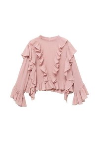 Blusa rosa chiaro con dettagli arricciati lungo le maniche e l'orlo. Realizzata in un tessuto testurizzato con scollo rotondo.
