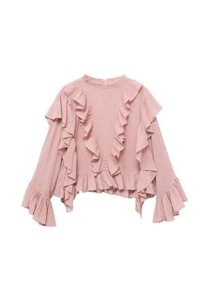 Blusa rosa chiaro con dettagli arricciati lungo le maniche e l'orlo. Realizzata in un tessuto testurizzato con scollo rotondo.