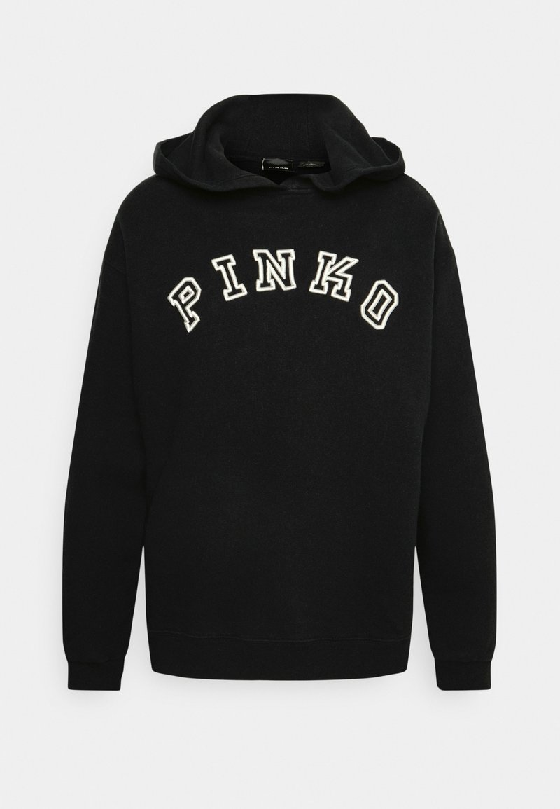 Sweat à capuche en coton noir avec une poche kangourou à l'avant et le texte "PINKO" brodé en blanc en arc de cercle. Texture douce, coupe décontractée.