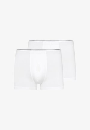 To par ensfarvede hvide herreboxershorts, set forfra og bagfra, vist på en hvid baggrund.