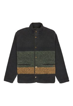 Veste polaire noire avec des rayures horizontales vertes et brunes, des boutons-pression sur le devant et deux poches avant.