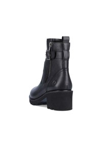 Black leather ankle boots with a textured finish, side zipper, buckle detail, and a chunky heel.