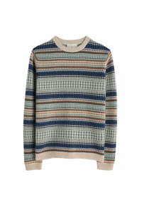 Gestrickter Pullover mit Rundhalsausschnitt, der horizontale Streifen in Türkis, Marineblau, Creme und Rost zeigt. Strukturierter Wollmix mit gerippten Bündchen.