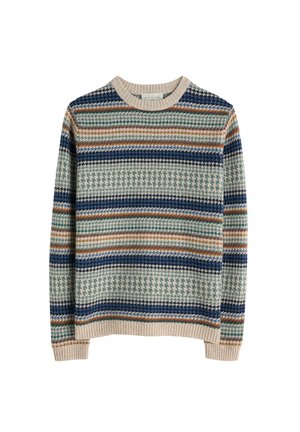 Pull en tricot avec un col rond, présentant des rayures horizontales en teal, bleu marine, crème et rouille. Mélange de laine texturé avec des poignets côtelés.