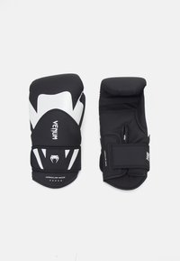 Black boxing gloves with white accents, padded design, curved shape, featuring adjustable straps and ventilation mesh on one side.