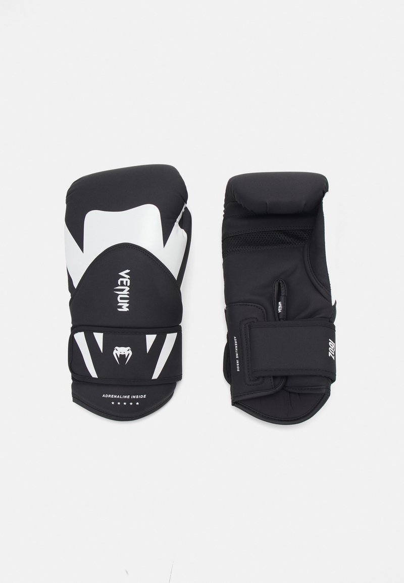 Black boxing gloves with white accents, padded design, curved shape, featuring adjustable straps and ventilation mesh on one side.