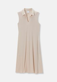 Beige ärmelloses Kleid mit V-Ausschnitt und Kragen. Hergestellt aus glattem Stoff, mit einer fließenden A-Linie Silhouette.