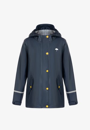 Merihenkinen vedenpitävä sadetakki, jossa on huppu, keltaiset napit, kaksi etutaskua, heijastavat yksityiskohdat ja pieni sateenvarjologo rinnan kohdalla.