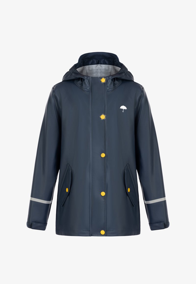 Tamsiai mėlynas nepralaidus lietpaltis su kapišonu, geltonomis mygtukais, dviem priekinių kišenėmis, atspindinčiais akcentais ir mažuoju skėčio logotipu ant krūtinės.