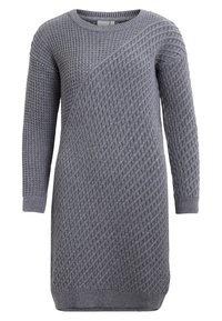 Graues gestricktes Kleid mit einem strukturierten Diamantmuster, langen Ärmeln und einem runden Ausschnitt. Verfügt über ein diagonales Design über der Brust.