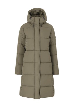 Olijfgroen gewatteerde jas met een capuchon, met een gequilt design, lange mouwen en een rechte snit. Voorzien van trekkoorden in de capuchon.