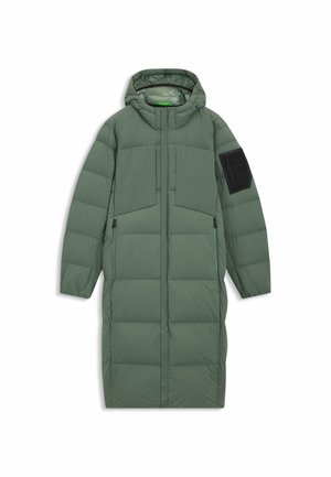 Long, puffy green coat made of synthetic material, featuring a hood, two front pockets, and a black arm pocket with a square detail.