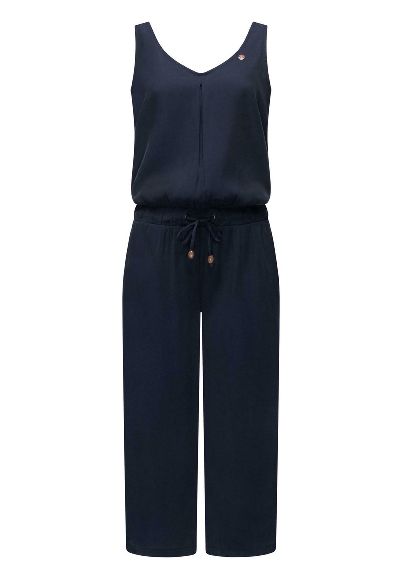 Marineblå jumpsuit med V-hals, uten ermer, elastisk midje, snøring og dekorative knapper på skuldrene.