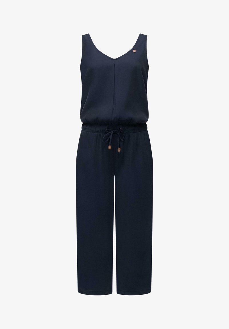 Marineblå jumpsuit med V-hals, uten ermer, elastisk midje, snøring og dekorative knapper på skuldrene.