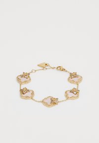 Gold bracelet featuring linked floral designs with pink accents and clear gems, intricate chain, and a triangular clasp.