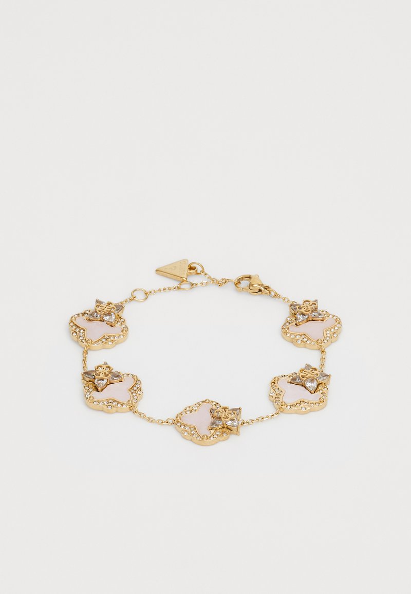 Gold bracelet featuring linked floral designs with pink accents and clear gems, intricate chain, and a triangular clasp.