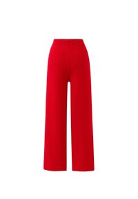 Hoge taille, brede rode broek met een soepele tailleband en een subtiele ribbelstructuur op een witte achtergrond.