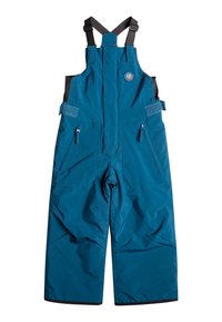 Teal vandtætte børnesnebukser med justerbare sorte skulderstropper, sidelommer med lynlås og velcro i taljen.