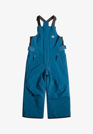 Turkusowe, wodoodporne dziecięce spodnie narciarskie w kształcie ogrodniczek z regulowanymi czarnymi ramiączkami, bocznymi kieszeniami zapinanymi na zamek oraz zapięciem w pasie na rzep.