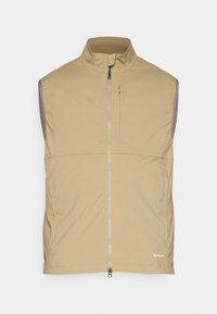 Gilet maniche corte beige chiaro con colletto alto, chiusura frontale con zip e tasca sul lato sinistro del petto. Texture liscia, design minimalista e senza motivi visibili.