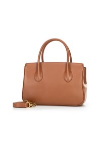 Borsa a mano in pelle marrone con manici arrotondati, superficie testurizzata e tracolla rimovibile. Accenti in hardware dorato sulla tracolla.