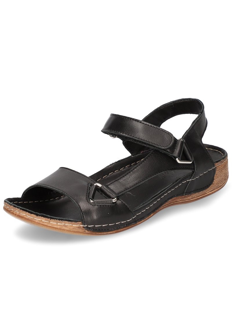 Schwarze Ledersandale mit offener Zehe, verstellbarem Riemen und Holzstruktursohle. Verfügt über silverne Beschläge und weiße Nahtdetails.