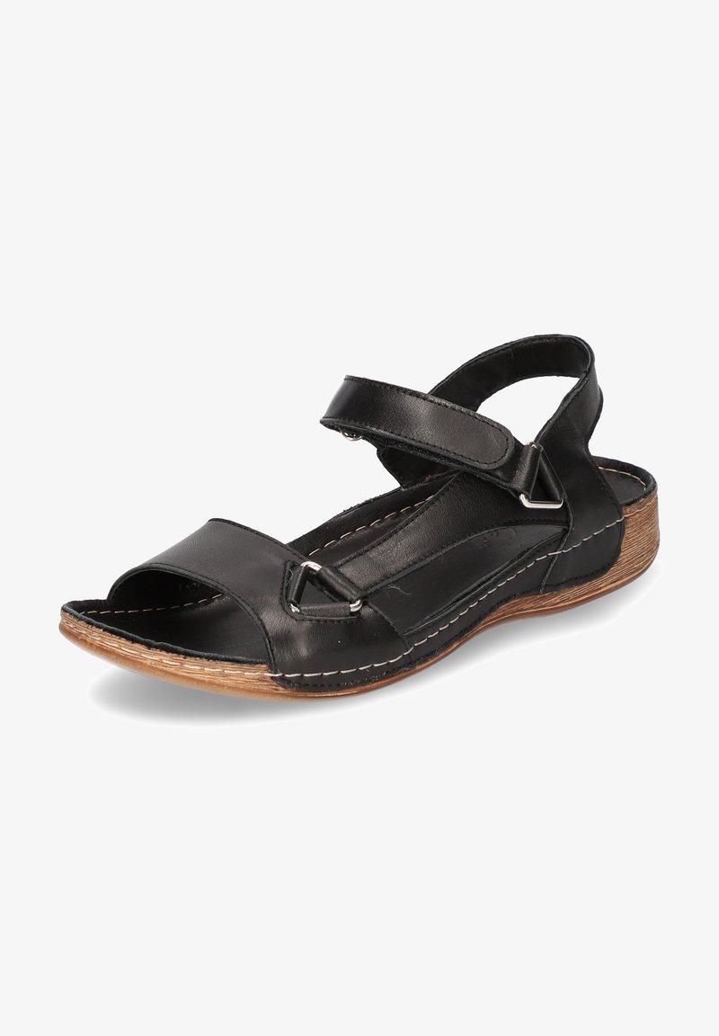 Schwarze Ledersandale mit offener Zehe, verstellbarem Riemen und Holzstruktursohle. Verfügt über silverne Beschläge und weiße Nahtdetails.