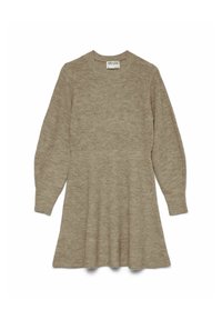 Strikket kjole med lange ærmer i en lys beige tone, med et tætsiddende overdel og en udskærmet skørt, rund halsudskæring og ribbet tekstur.