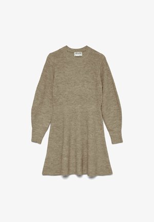 Gebreid jurkje met lange mouwen in een lichtbeige tint, met een aansluitende bodice en een uitlopende rok, rond de hals en met geribbelde textuur.