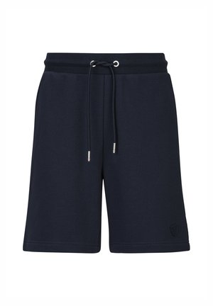 Shorts bleu marine arrivant aux genoux avec taille élastique, cordon ajustable avec embouts métalliques, et petit écusson logo près de l'ourlet.