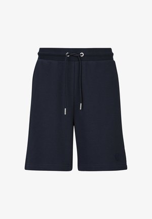 Marineblaue knielange Shorts mit elastischem Bund, verstellbarem Kordelzug mit Metallenden und kleinem Logopatch nahe dem Saum.
