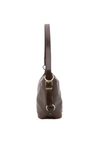 Bruine leren schoudertas met een enkele schouderriem, ronde vorm, metalen hardware accenten en een zichtbare stiksel detail langs de riem.