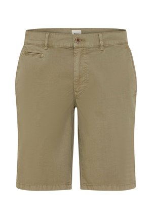 Pantaloncini beige al ginocchio con chiusura a bottoni, passanti per cintura e una piccola tasca a fessura frontale sul lato sinistro.