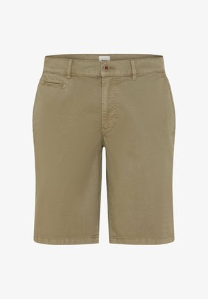 Beige knælange shorts med knaplukning, bæltestropper og en lille forlommeslids på venstre side.