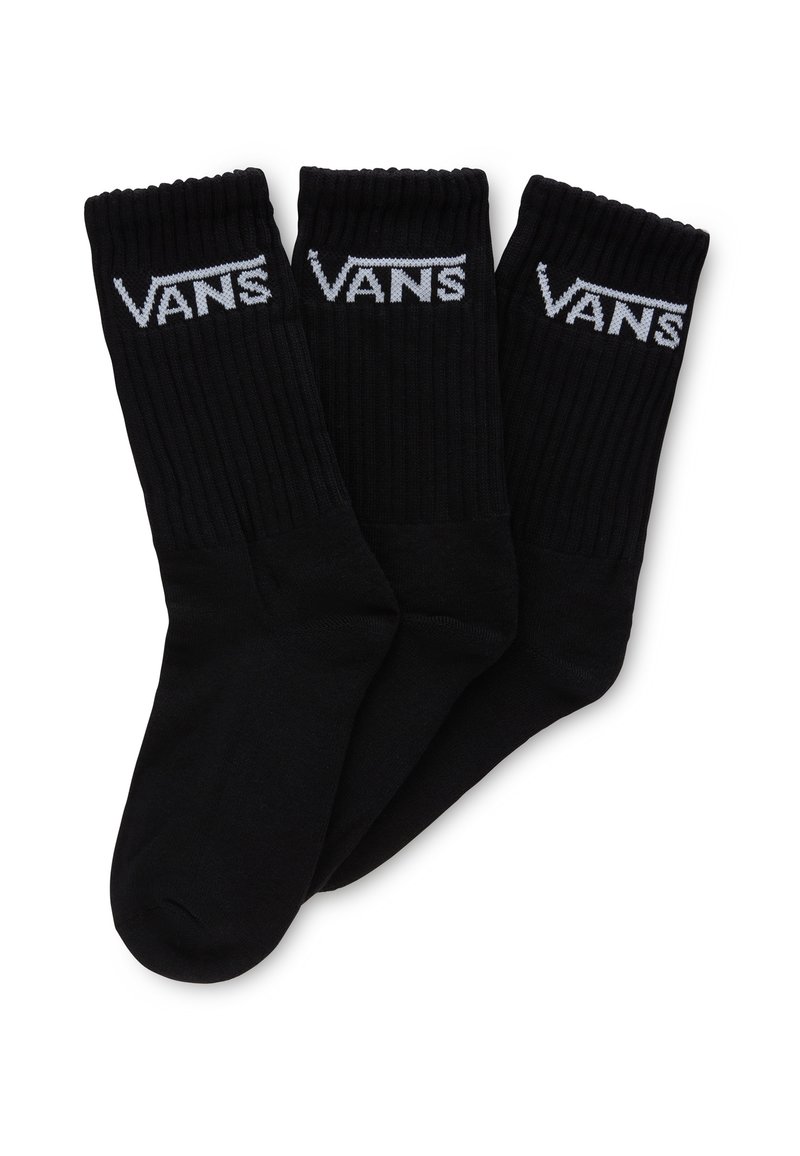 Tre par svarta strumpor med ribbad textur, prydda med en vit Vans-logotyp broderad på kanten. Standard längd i crew-design.