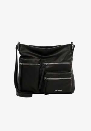 Must mustriga mustakott, mis sisaldab kolme tõmblukuga esikotti, peamist osakonda lõdva ülaosaga ja eemaldatavat rihma.