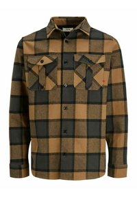 Camicia a quadri marrone e nera con maniche lunghe e due tasche sul petto con bottoni.