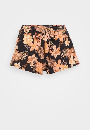 Bloemenbroekjes met een zwarte achtergrond, versierd met oranje en roze bloemen en palmblaadpatronen. Elastische tailleband met een striksluiting.