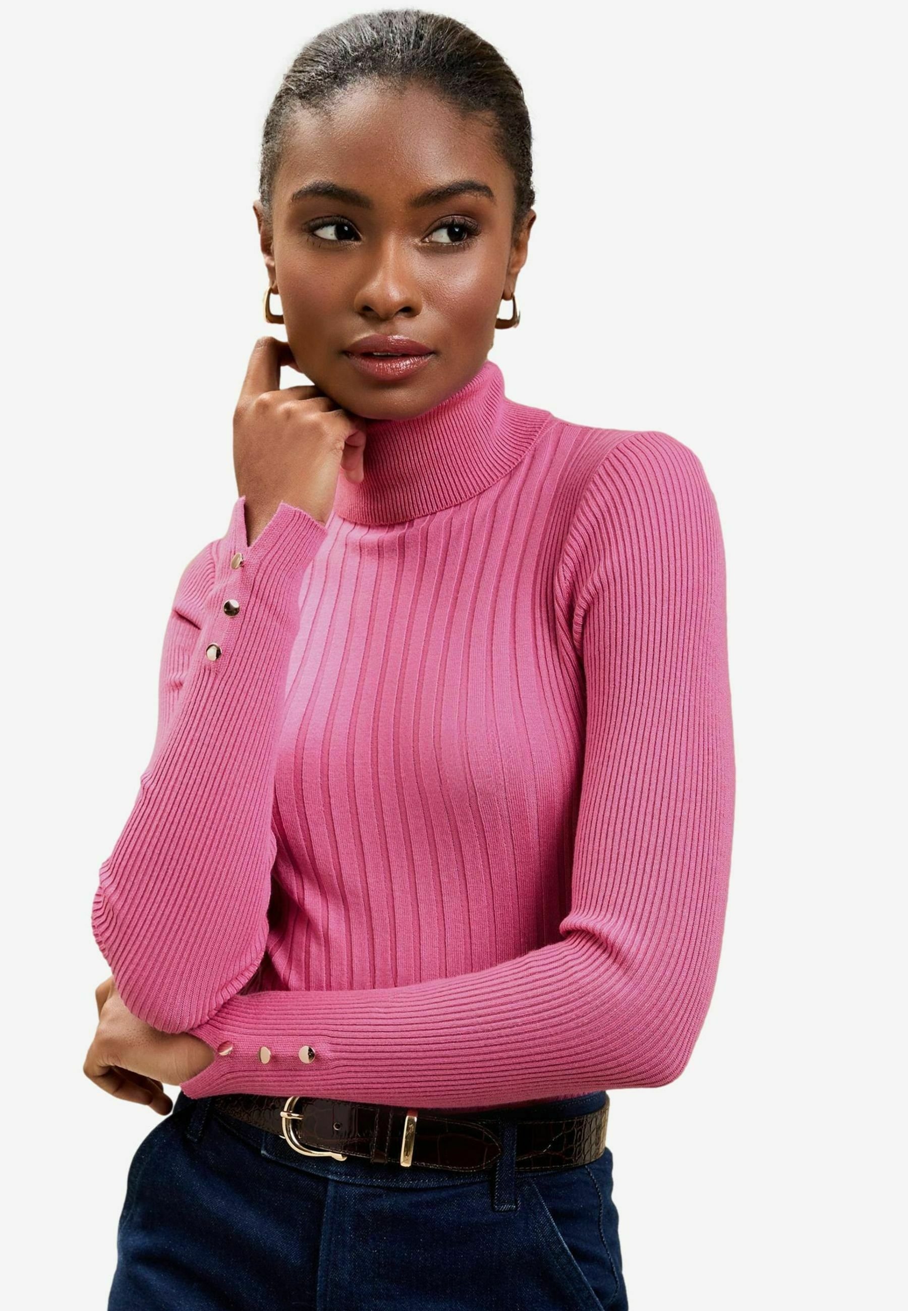 Ribbed Turtleneck Jumper Pink Ribbed Polo Neck Jumper Jeans Pink
