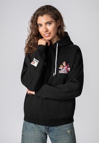 Zwarte hoodie van een katoenmix met een kangaroezak, verstelbare trekkoorden en een bloemenafbeelding met de tekst "Say it with flowers."